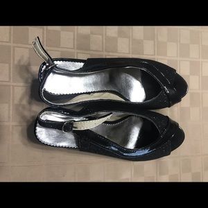 Black‎ Glitter Leather Heels 3” Open Toed Strap